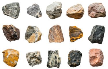 A collection of diverse rocks, cut out - stock png.