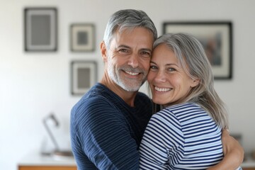 Obraz premium A middle-aged couple in love hug each other in a living room, smile and look at the camera. The man has short gray hair with a beard and is wearing a beige long-sleeved shirt.