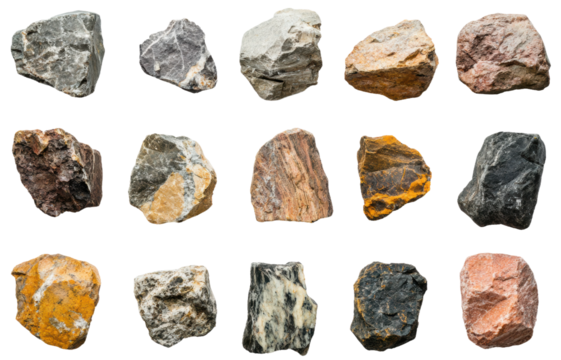A collection of diverse rocks, cut out - stock png.