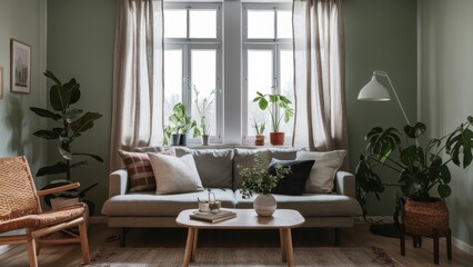 Interior of living room with couch and cushions from natural fabric window linen curtains green house plants. Scandinavian style
