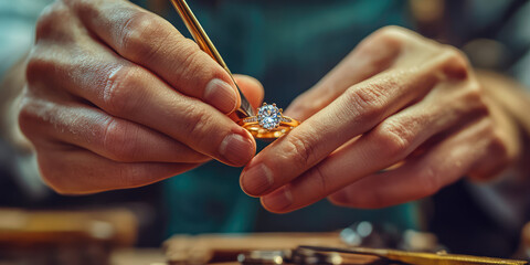 A master jeweler setting gems into diamond ring, workshop with professional tools