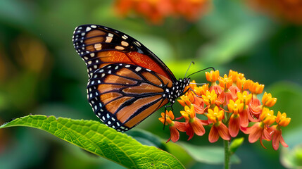 Obraz premium A beautiful butterfly with vibrant blue and orange patterns resting on sandy ground in the warm sunlight of a spring afternoon, Generative AI 