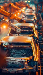 Fototapeta premium Engineer Calibrating Sensors on Assembly Line in Busy Automobile Factory - Advanced Car Production Process