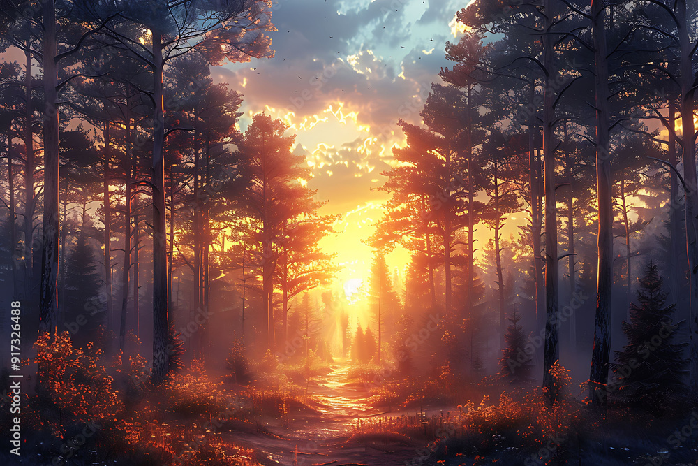 Poster magazine cover with a scenic view of a forest at dawn focusing on the golden light filtering through