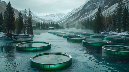 Hyperefficient bioengineered algae farm floating surface of acidic lake where resilient alien algae specie convert toxic compound into biomass oxygen supporting aquatic alien life hostile environments