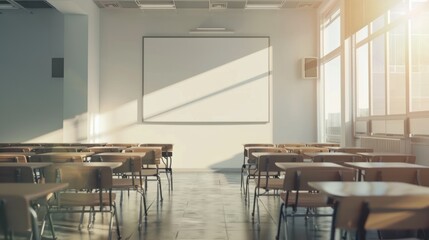 Back to School. Interior of modern classroom with blank white board on wall. Copy space