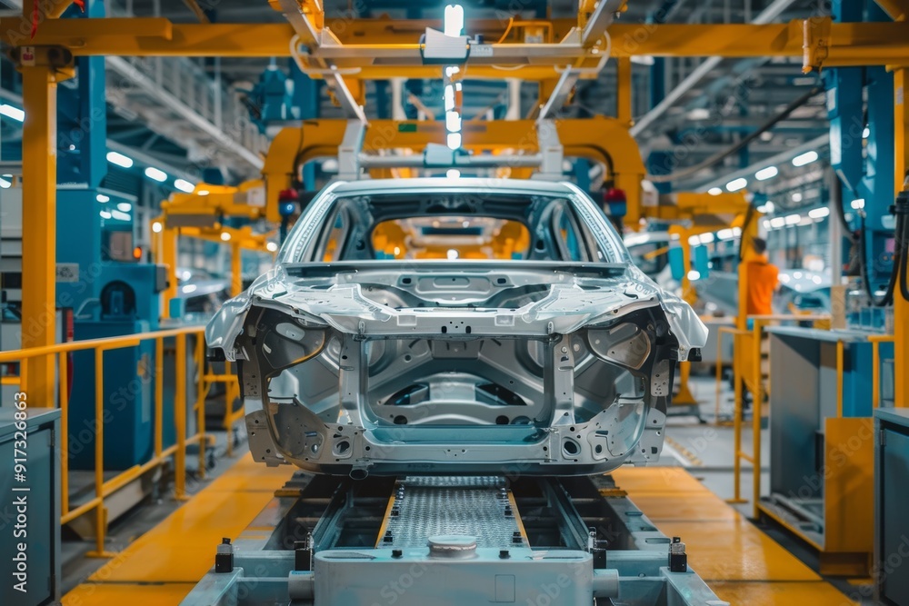 Poster engineer calibrates tools in high-tech automobile factory assembly line for precision manufacturing
