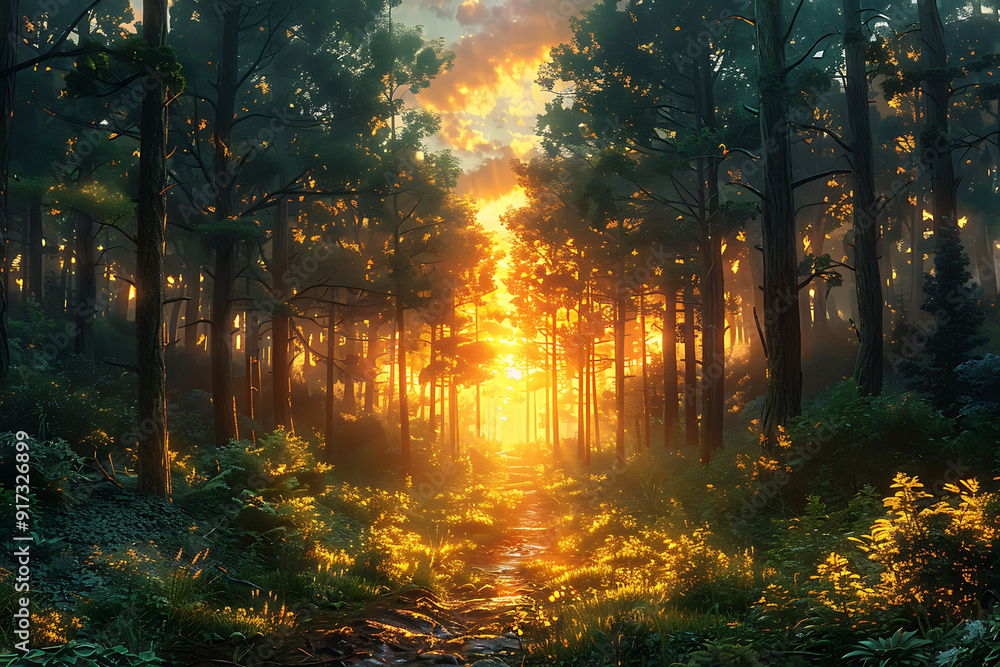 Aufkleber magazine cover with a scenic view of a forest at dawn focusing on the golden light filtering through