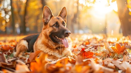 Adorable German Shepherd dog enjoying a day outdoors on sunset background, showcasing loyalty and happiness