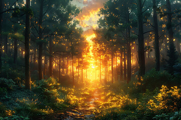 Fototapeta premium Magazine cover with a scenic view of a forest at dawn focusing on the golden light filtering through the trees with detailed textures and a serene atmosphere to captivate readers