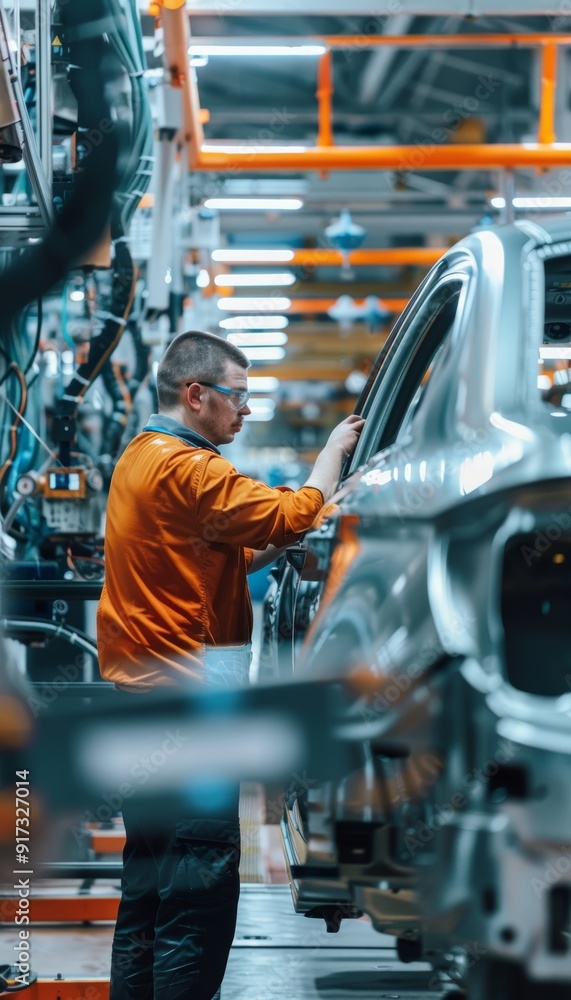 Poster engineer installing car infotainment system on high-tech assembly line in modern factory environment