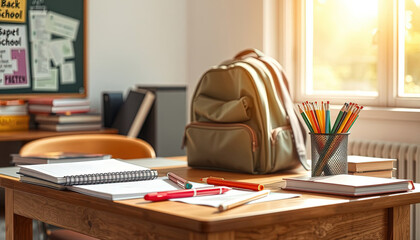school backpack on wooden table