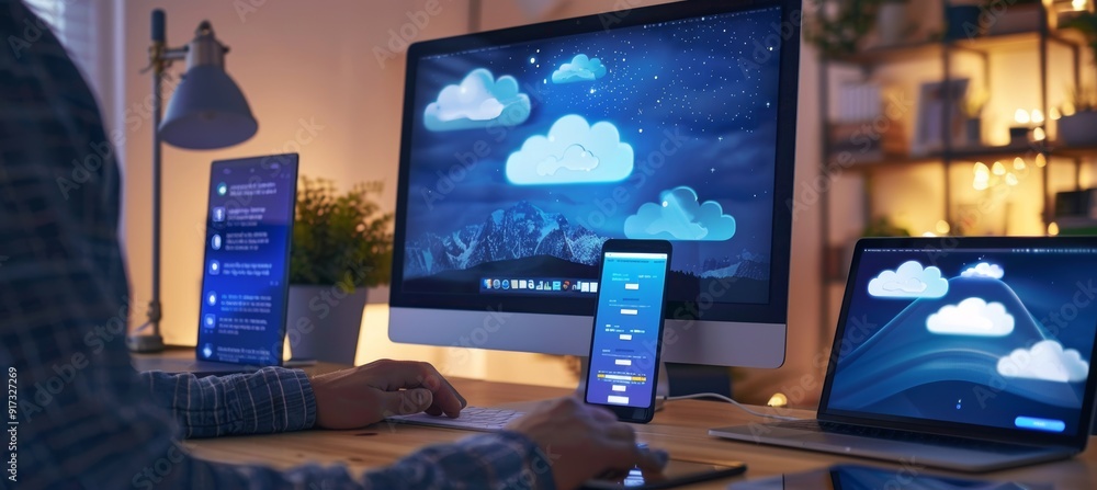 Poster personal cloud storage management with multiple devices in modern home office setting