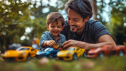 A father and son play with toy cars laid out on a table outdoors. Their expressions of joy and concentration highlight the bond and fun they are sharing together.