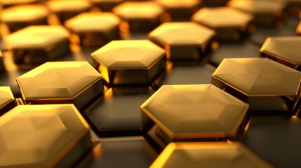 Fototapeta premium Abstract golden hexagonal pattern with reflective surfaces, modern design technology background concept