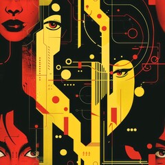 Abstract digital art with geometric shapes and eyes.