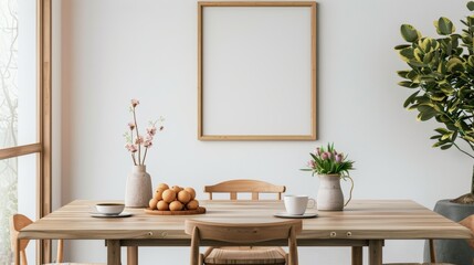 Stylish living room interior design with vintage wooden toilet, chair, tropical plants in wicker pots, baskets and luxury personal items, mockup poster frame on the wall, home decor template