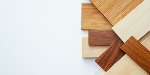 Naklejka premium Wooden slats of different textures and wood types on a white background. Assortment of different wood plank coverings samples