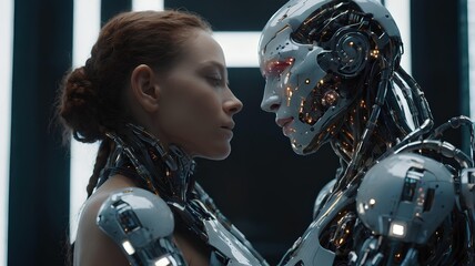 Fototapeta premium Futuristic Love Reunited: Mind Upload Technology Brings Soul to Robot, Embracing a Lost Lover in a Cybernetic World / Humans Form Lovely Emotional Bonds with AI Robots in a Tech-Driven World.