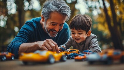 A father and son play with toy cars laid out on a table outdoors. Their expressions of joy and concentration highlight the bond and fun they are sharing together.