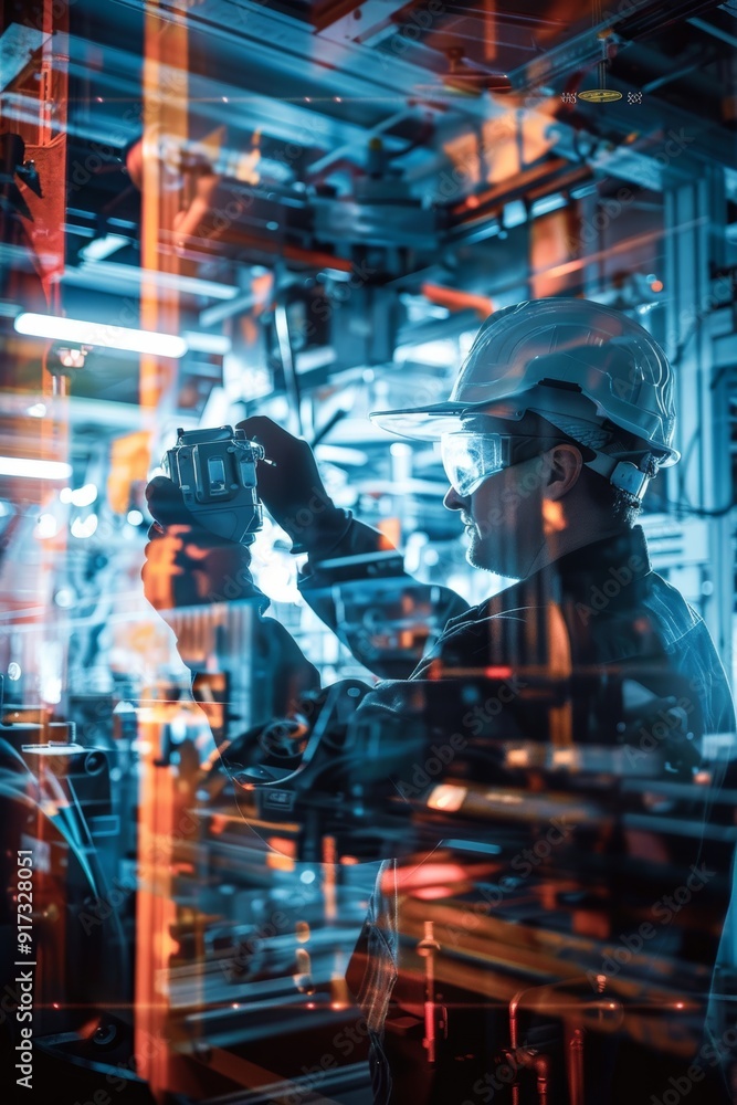 Aufkleber engineer using thermal imaging camera in high-tech lighting factory environment