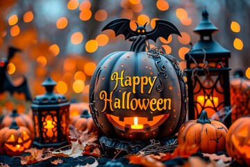 Festive halloween decorations featuring pumpkins and lanterns surrounded by autumn leaves at twilight