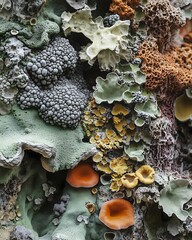 Close-up of Colorful Lichen and Fungi Growing on Tree Bark