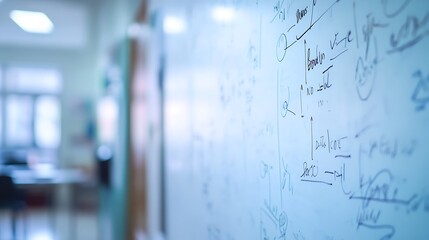 Close-up of a whiteboard with handwritten equations and diagrams