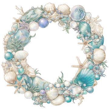 Beautiful seashell wreath adorned with pearls and starfish, perfect for coastal decor and marine-themed celebrations. transparent background