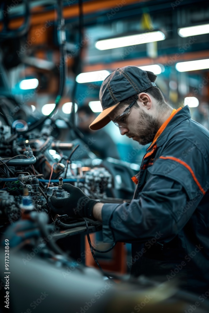 Poster engineer conducting diagnostic test on car's electronic system in modern high-tech factory