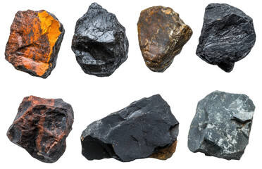 Collection of different types of mineral specimens, cut out - stock png.