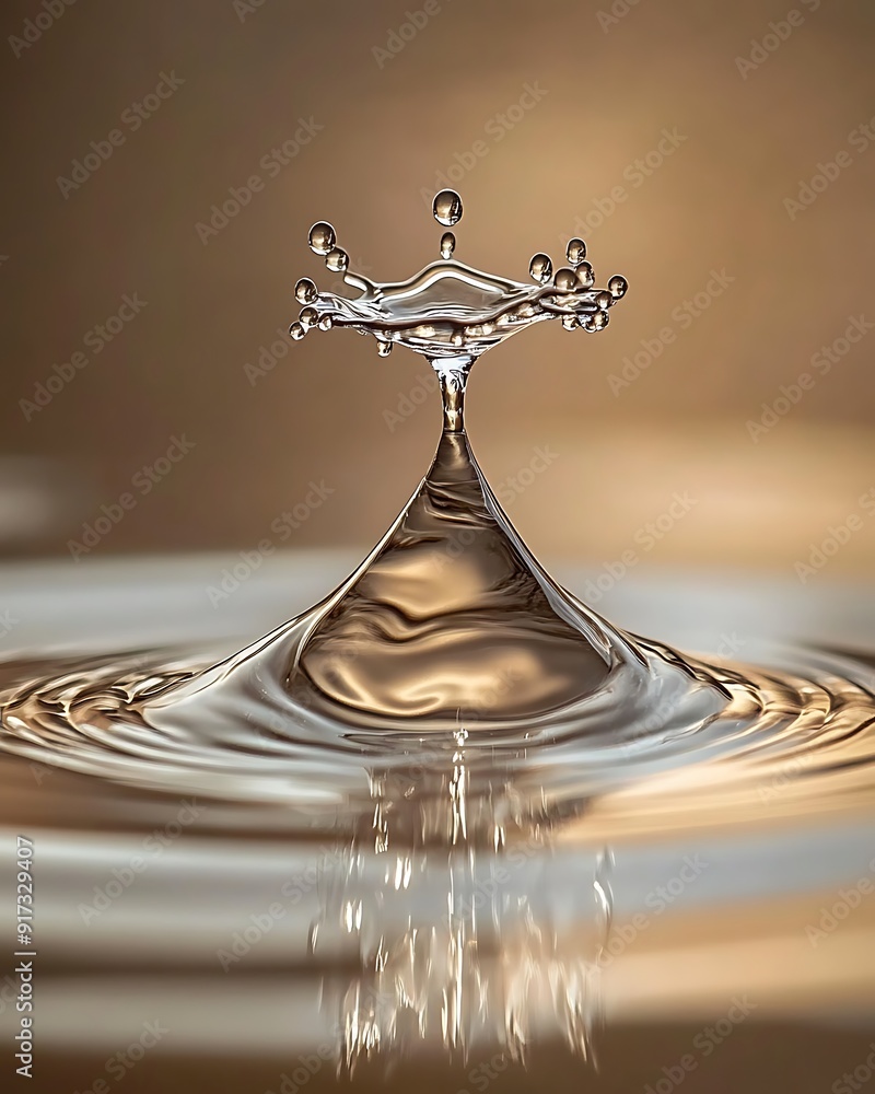 Poster water drop splashing and creating a conical shape with ripples