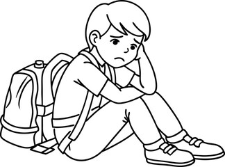 Sad Kid Sitting Alone With Backpack On Floor