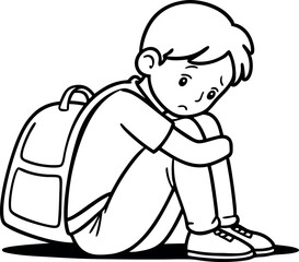 Sad Boy Sitting with Backpack in Black and White Illustration