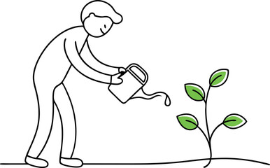 Man Watering Plant Illustration for Growth and Nature Concepts