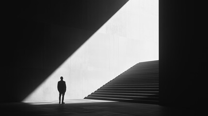 Silhouetted man standing in a stark, high-contrast scene with dramatic lighting and shadows near stairs.