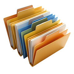 Colorful file folders neatly arranged, cut out transparent