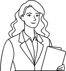 Cartoon Businesswoman Holding Documents In Black And White Drawing