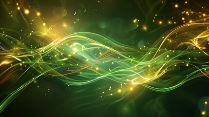 Eye-Catching Green and Gold Backdrop with Undulating Wave Patterns and Bright Light Flashes for Custom Banner