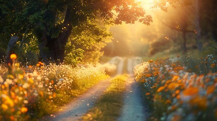 Obraz premium A magical drive along a countryside path, the road lined with rustic trees and colorful wildflowers, the golden light of the setting sun enhancing the tranquil and charming atmosphere, natural look,