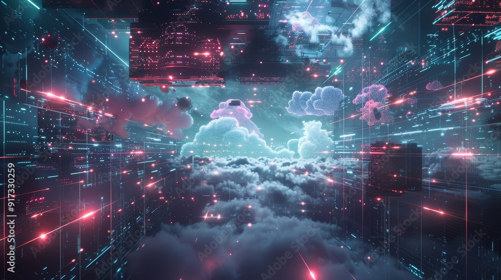 Aufkleber futuristic cloud storage technology with holographic interfaces and ai data management tools