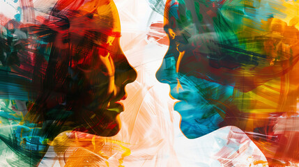 A close-up of an abstract couple with a soft color palette, layered collage, and colorful straight and wavy brushstrokes.
