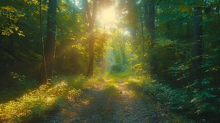 Fototapeta premium A magical drive through a lightly forested area, the sunlight streaming through the leaves creating a dance of light and shadow, the soft glow enhancing the peaceful and inviting atmosphere,