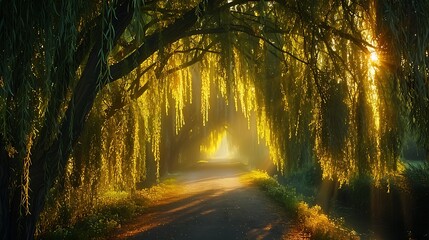 A magical drive under a canopy of weeping willows, the long, flowing branches creating a shaded path, the warm light of the golden hour casting a peaceful and enchanting glow, natural look,