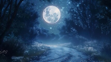 A magical moonlit drive, the path flanked by trees with moonlight filtering through the leaves, casting an ethereal glow and creating a peaceful, dreamlike scene, natural look, hd quality.