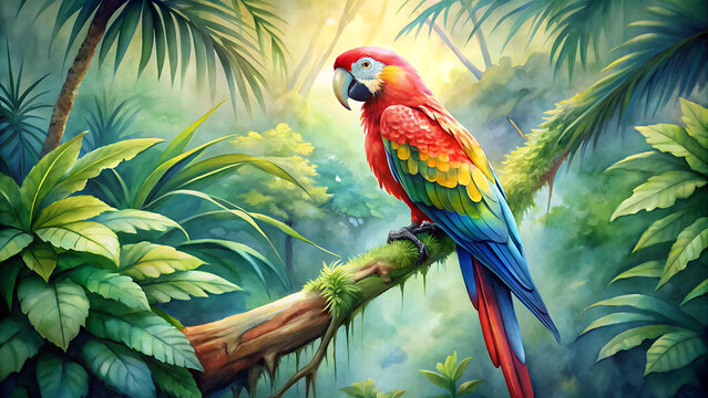 parrots perched jungle in a tree   Rainbow Parrot, bird, canvas art, art work, hand drawn, Vibrant Modern Oil Painting of a Rainbow Parrot: Hand-Drawn Colorful Canvas Art" generative ai