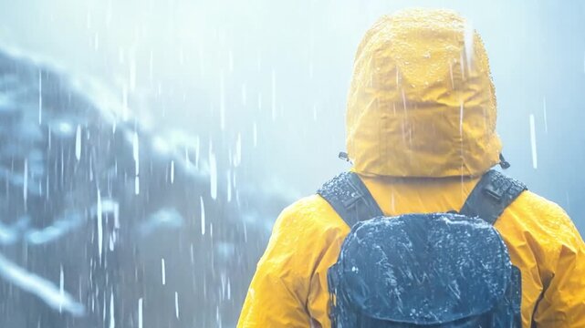 Hiker wearing waterproof clothing standing in the rain