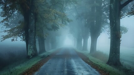 Obraz premium A peaceful drive through a mist-covered landscape, the road lined with dew-laden leaves, the fog swirling gently, the early morning light adding a mystical quality,