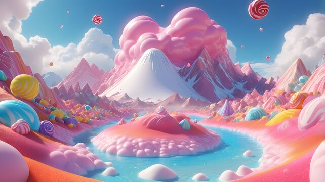 a surreal candy world with pink, sugar dusted mountains, a radiant rainbow stretching across the sky, and puffy, cloud like marshmallows river of liquid sugar winds through the landscape