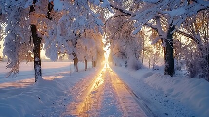 A peaceful winter drive, the road blanketed in snow, trees heavy with fresh snow creating a canopy over the path, the soft light of dawn adding a touch of magic to the frosty landscape, natural look,
